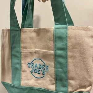 Trader Joe's Canvas mini Tote Bag in sea foam green and Cream